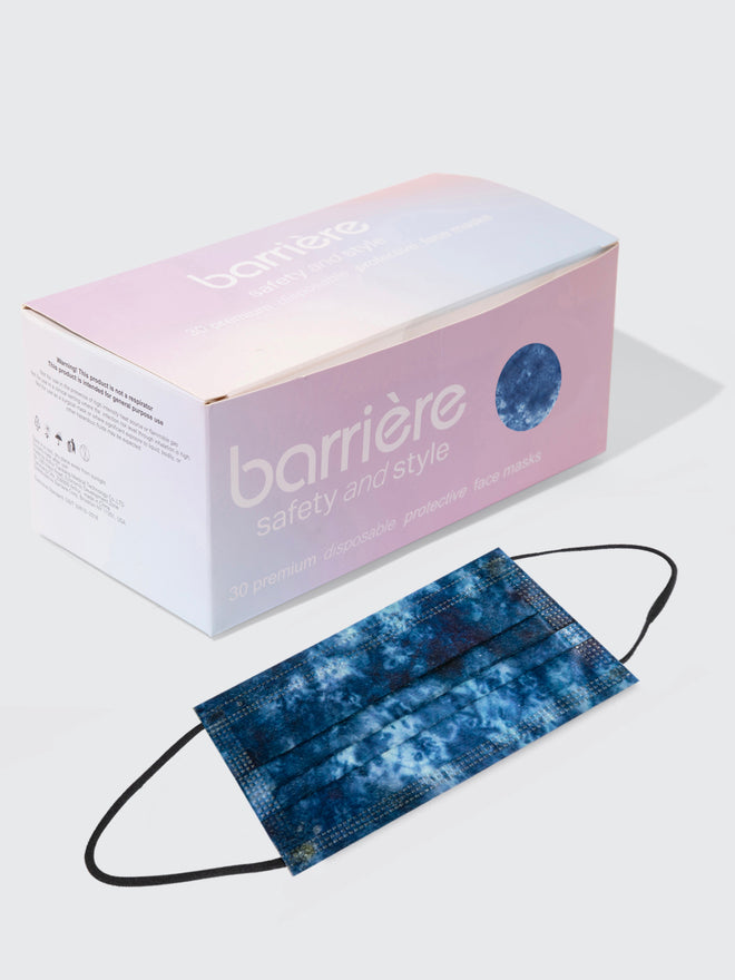 barriere adult unisex disposable face mask 30 pack box in indigo tie dye print. sustainable and recycled