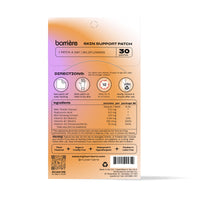 Back of the package of “barrière skin support patch” with a purple and white design. The product is described as a skin support patch that you peel, stick, and reveal one patch a day. It contains 30 patches with ingredients like Milk Thistle Extract, Hyaluronic Acid, Red Ginseng Extract, and various vitamins such as Vitamin B3, B7, and D3. The packaging also highlights that the product is vegan, cruelty-free, hypoallergenic, and free from latex and parabens.