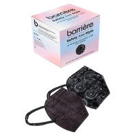 A box of disposable face masks with the brand name “barrière” and the text “safety and style” and “30 premium masks.” Below the box, there are two face masks: one with a paisley pattern and the other in a solid black color.