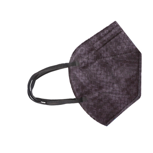 A single black face mask with a textured pattern, lying flat on a light-colored surface. The mask has ear loops on both sides.