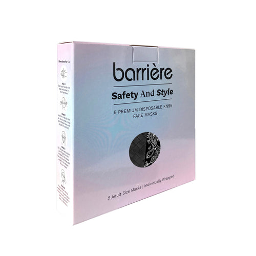 A box of Barrière Safety And Style premium disposable KN95 face masks. The light blue box contains 5 individually wrapped adult masks. Key features like “Breathable” and “Comfortable” are highlighted on the box, with a cut-out window showing one patterned mask inside.