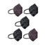 A collection of five face masks laid out on a light gray background. There are two distinct designs: three masks feature a paisley pattern with a black base and white intricate designs, while two masks are in a solid black shade.
