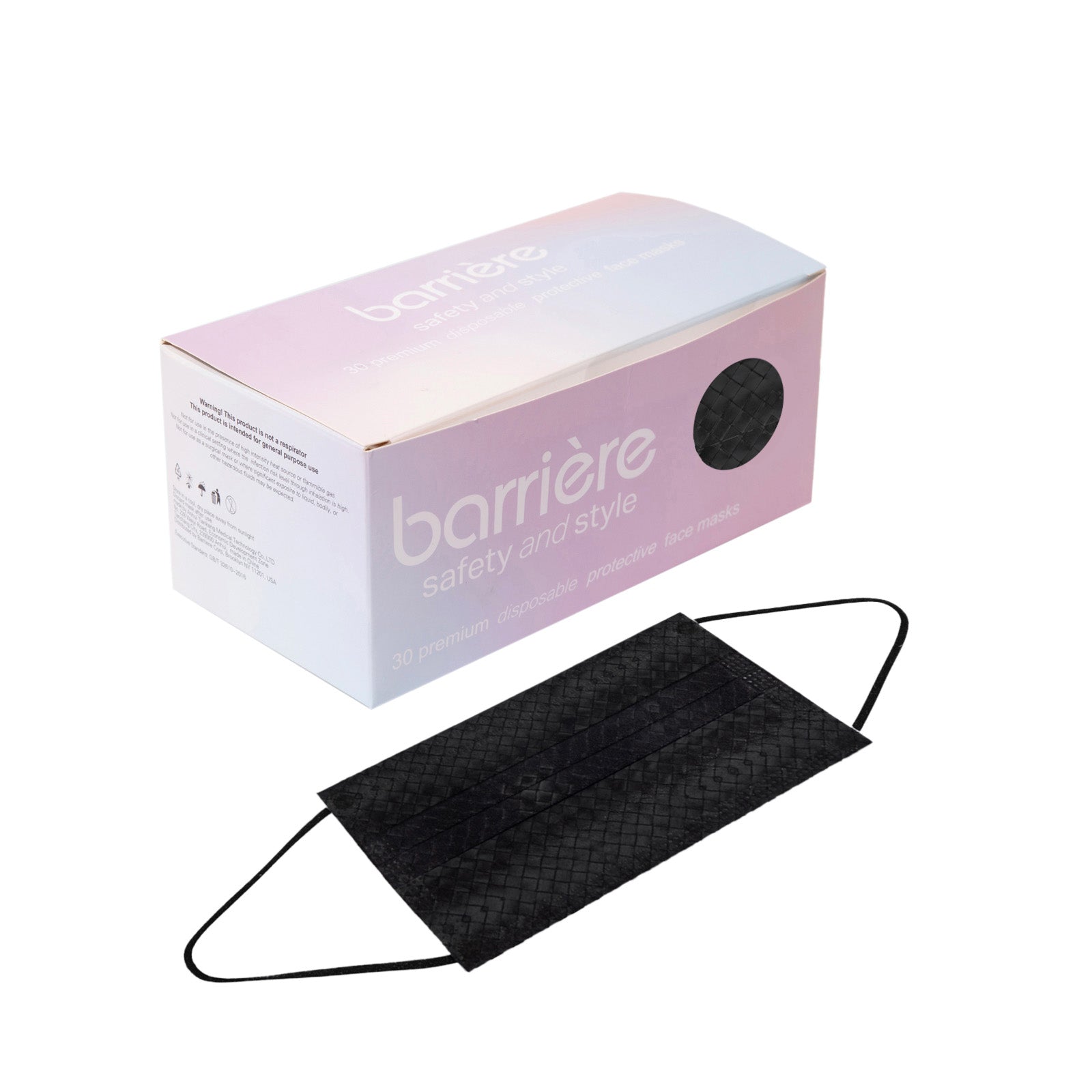 A box of 30 black disposable face masks with the brand name ‘barrière’ printed on it. The box is pink and white with a circular cut-out through which the black masks inside can be seen. Below the box, there is one black face mask displayed outside of the packaging.