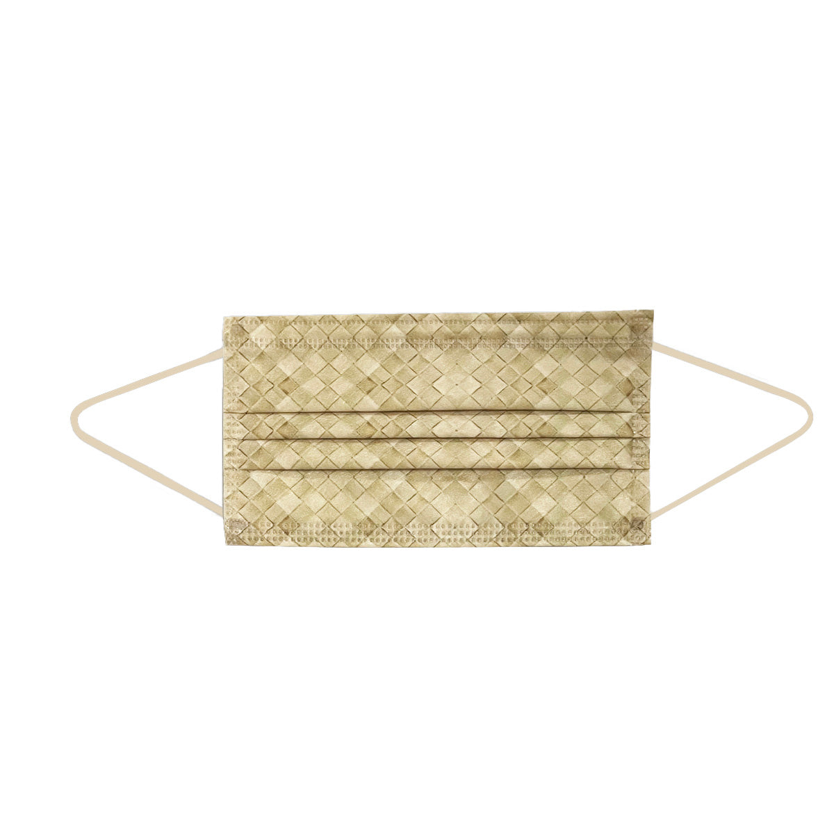 A single khaki face mask with ear loops lying on a white surface. The mask is designed for personal protection.