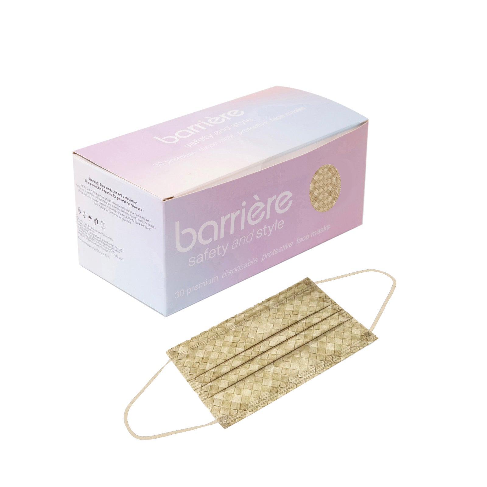 A box of 30 black disposable face masks with the brand name ‘barrière’ printed on it. The box is pink and white with a circular cut-out through which the black masks inside can be seen. Below the box, there is one khaki face mask displayed outside of the packaging.