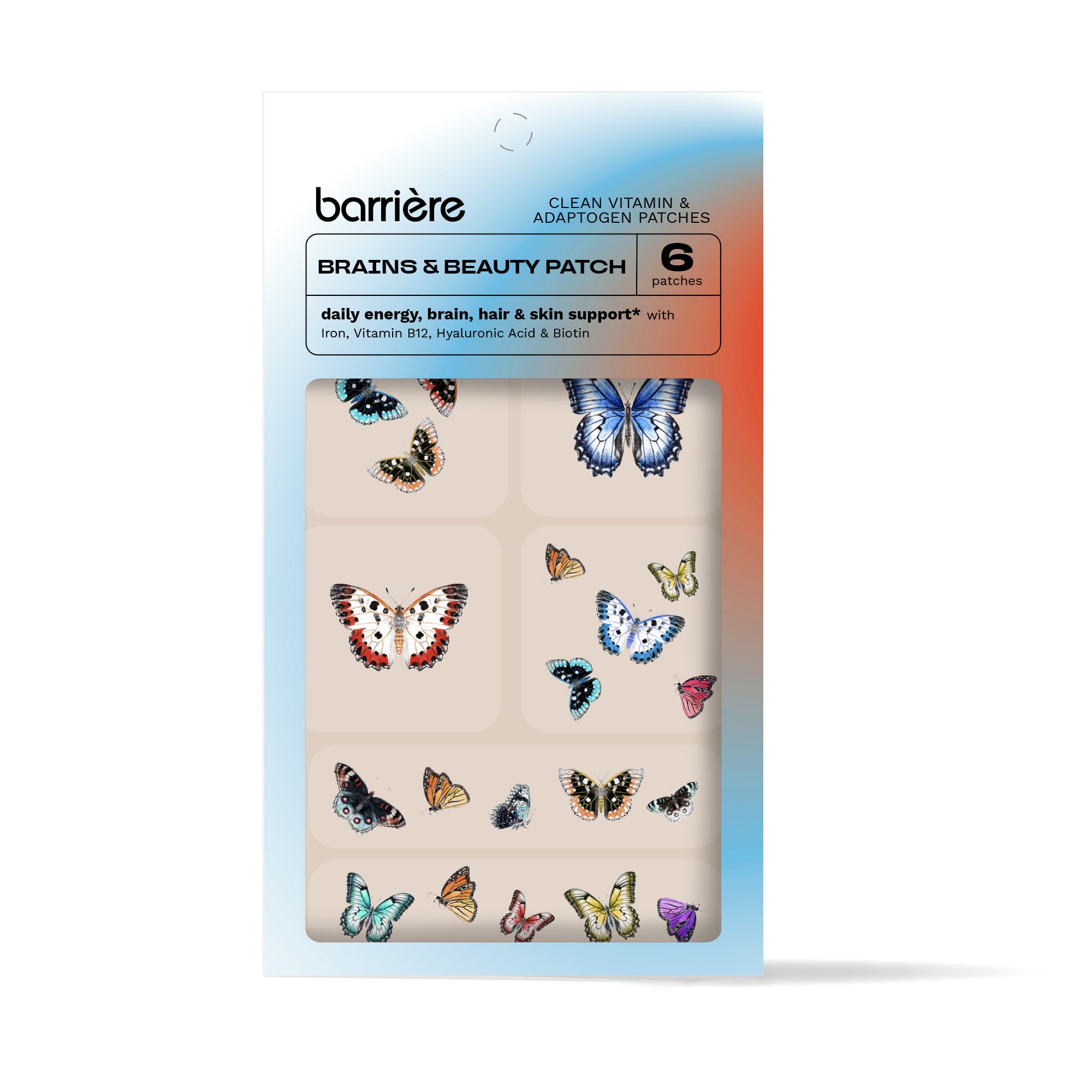 Packaging for ‘barrière clean vitamin & adaptogen patch: BRAINS & BEAUTY’ with 30 patches designed for daily energy, brain, hair, and skin support with Iron, Vitamin B12, Biotin, and Hyaluronic Acid. The patches have various designs of butterflies. The packaging has a gradient background transitioning from blue to red.