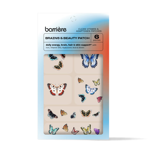 Packaging for ‘barrière clean vitamin & adaptogen patch: BRAINS & BEAUTY’ with 30 patches designed for daily energy, brain, hair, and skin support with Iron, Vitamin B12, Biotin, and Hyaluronic Acid. The patches have various designs of butterflies. The packaging has a gradient background transitioning from blue to red.