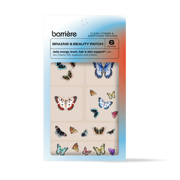 Packaging for ‘barrière clean vitamin & adaptogen patch: BRAINS & BEAUTY’ with 30 patches designed for daily energy, brain, hair, and skin support with Iron, Vitamin B12, Biotin, and Hyaluronic Acid. The patches have various designs of butterflies. The packaging has a gradient background transitioning from blue to red.
