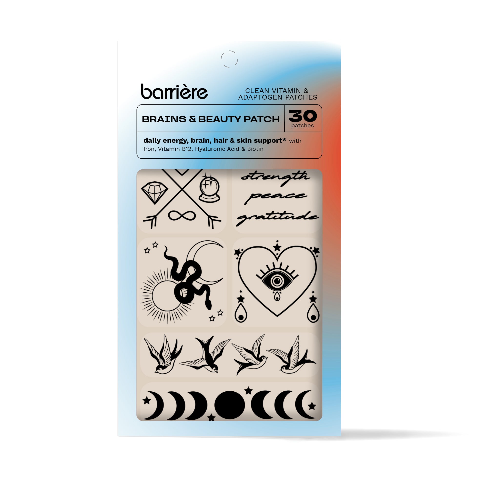 Packaging for ‘barrière clean vitamin & adaptogen patch: BRAINS & BEAUTY’ with six patches designed for daily energy, brain, hair, and skin support with Iron, Vitamin B12, Biotin, and Hyaluronic Acid. The patches have various designs including an eye, a heart with an arrow through it, and other abstract shapes. The packaging has a gradient background transitioning from blue at the top to red at the bottom. It is placed on a white background.