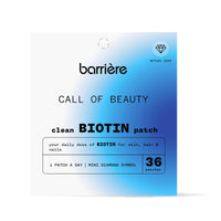 Packaging of Barriere’s ‘CALL OF BEAUTY’ vitamins. The packaging is predominantly white with a blue gradient emerging from the bottom right corner, featuring various shades of blue. The package contains 36 patches.