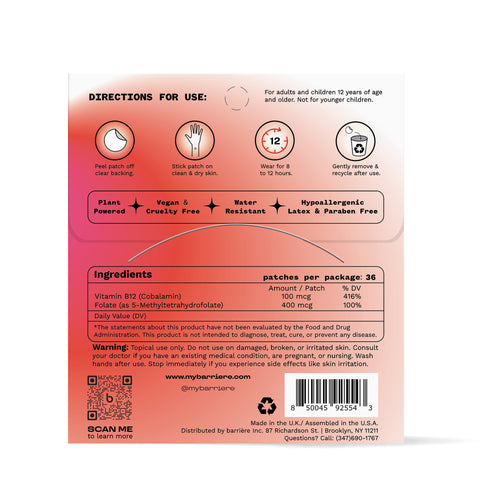 Back packaging of the ‘ENERGY BOOST’ vitamin patches, showing directions on how to use them along with the ingredient.