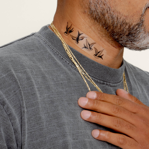 A  vitamin patch featuring 4 birds in a vertical alignment on the neck. 
