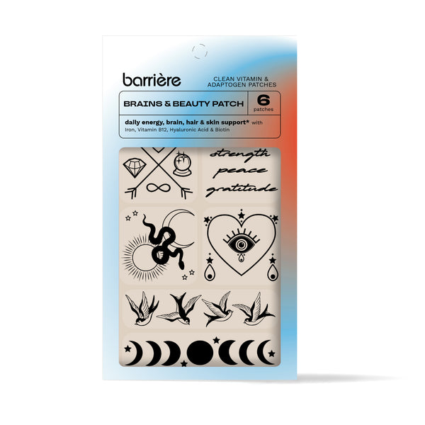 Packaging for ‘barrière clean vitamin & adaptogen patch: BRAINS & BEAUTY’ with six patches designed for daily energy, brain, hair, and skin support with Iron, Vitamin B12, Biotin, and Hyaluronic Acid. The patches have various designs including an eye, a heart with an arrow through it, and other abstract shapes. The packaging has a gradient background transitioning from blue at the top to red at the bottom. It is placed on a white background.