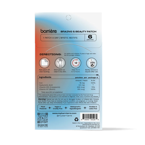 Packaging for ‘barrière BRAINS & BEAUTY PATCH,’ containing six patches. A health and beauty product designed for skin application. The packaging has a gradient background from blue to red. It includes instructions to peel, stick, and reveal one patch a day. The ‘Supplement Facts’ section lists Vitamin C and Hyaluronic Acid.