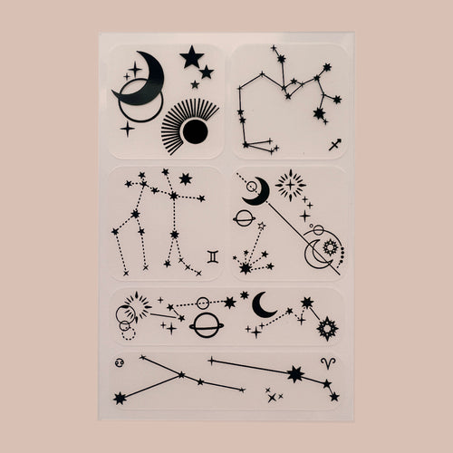 Six ‘Daily Defense’ patches featuring designs of moons, stars, and other solar elements.