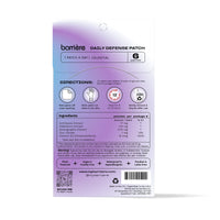 Back of packaging of the 6-pack ‘Daily Defense’ vitamin patches. It shows instructions on how to use and the ingredients list. The packaging is mostly purple with hints of white and light blue, with a light shadow in the bottom right corner.