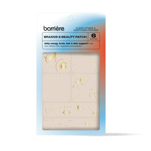 Packaging for ‘barrière BRAINS & BEAUTY’ clean vitamin & adaptogen patch. The package contains 6 patches designed for daily energy, brain, hair, and skin support with Iron, Vitamin B12, Biotin, and Hyaluronic Acid. The design includes symbols such as stars, moons, planets, and constellations.