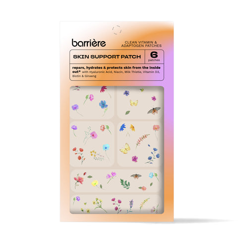  Product packaging for “clean vitamin & adaptogen patch: SKIN SUPPORT” by the brand ‘barrière’. The package contains 6 patches and they replenish, hydrate, and protect skin from the inside out with ingredients like Milk Thistle, Vitamin D3, Hyaluronic Acid, Niacin, Biotin, and Ginseng. The background of the package has a gradient from yellow to purple and is adorned with various illustrations of flowers, leaves, birds, and insects