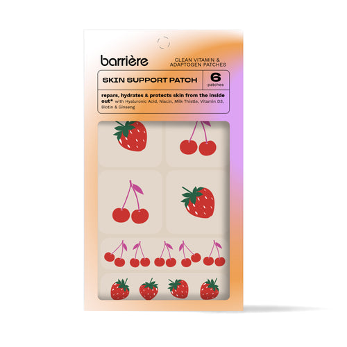Packaging for ‘barrière SKIN SUPPORT PATCH’ with six patches designed to repair, hydrate, and protect skin from the inside out. The patches feature fruit themes with cherries and strawberries. 
