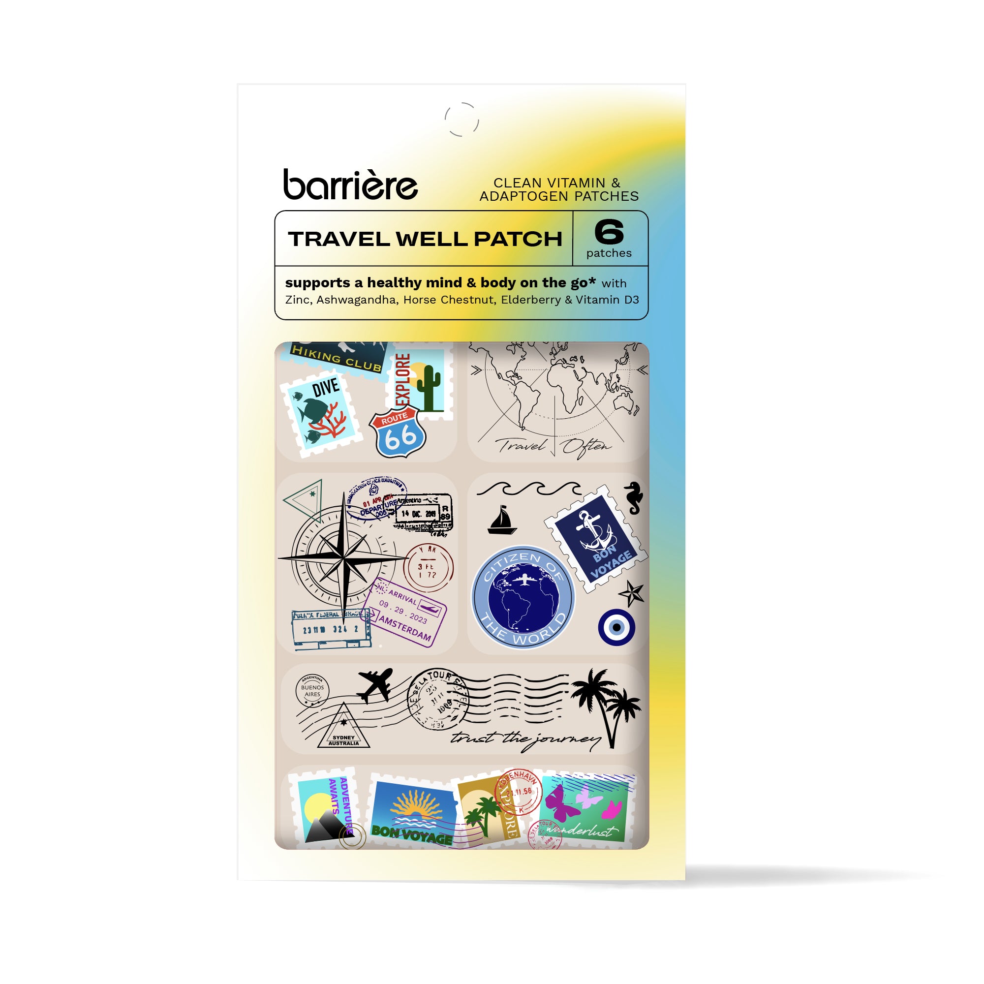 A package of “BARRIERE” brand travel patches. This 6-patch pack is designed to support wellness while traveling. The packaging is a gradient white yellow to blue.