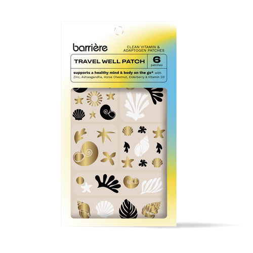 A package of ‘barrière travel well clean vitamin & adaptogen patches.’ These patches support a healthy mind and body on the go with ingredients like Zinc, Vitamin D3, Horse Chestnut, Elderberry, and Ashwagandha. The patches come in various shapes such as leaves, shells, and abstract designs, presented in neutral colors against a yellow to blue gradient background on the packaging.