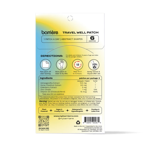 A package of ‘barrière travel well clean vitamin & adaptogen patches.’ These patches support a healthy mind and body on the go with ingredients like Zinc, Vitamin D3, Horse Chestnut, Elderberry, and Ashwagandha. The patches come in various shapes such as leaves, shells, and abstract designs, presented in neutral colors against a yellow to blue gradient background on the packaging. A slight shadow is visible in the image.”