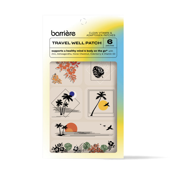 A package of “Travel Well Patch” by the brand Barrière. It contains six patches designed to support a healthy mind and body while traveling. The patches include ingredients like Zinc, Ashwagandha, Horse Chestnut, Elderberry, and Vitamin D3. The packaging features various travel and tropical-themed illustrations such as palm trees, and botanical elements.