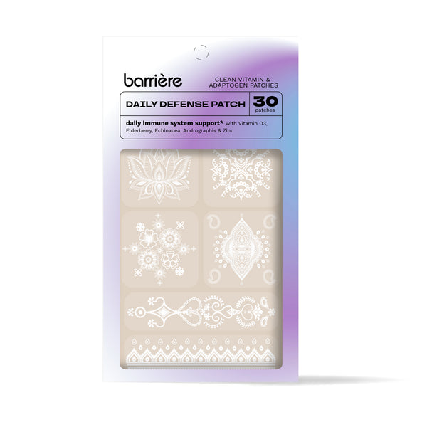 Front packaging of the ‘Daily Defense’ patches. ‘Barriere’ is written in black on the top left corner. The packaging is purple with hints of blue and white. 30 white patches are visible through the clear front.