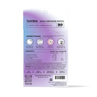 Back of packaging of the 30-pack white ‘Daily Defense’ vitamin patches. It shows instructions on how to use and the ingredients list. The packaging is mostly purple with hints of white and light blue.