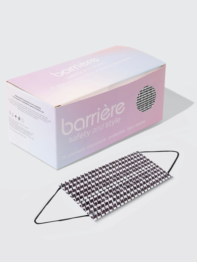 barriere kids' unisex disposable face mask 30 pack box in black and white houndstooth print. sustainable and recycled