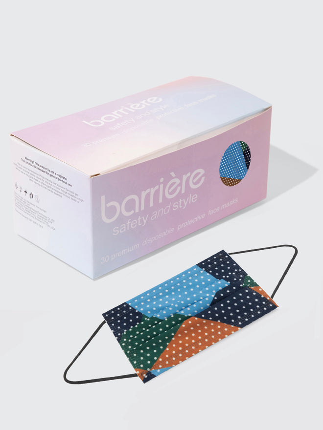 barrière 30 mask box of unisex disposable medical masks in polka dot collage pattern