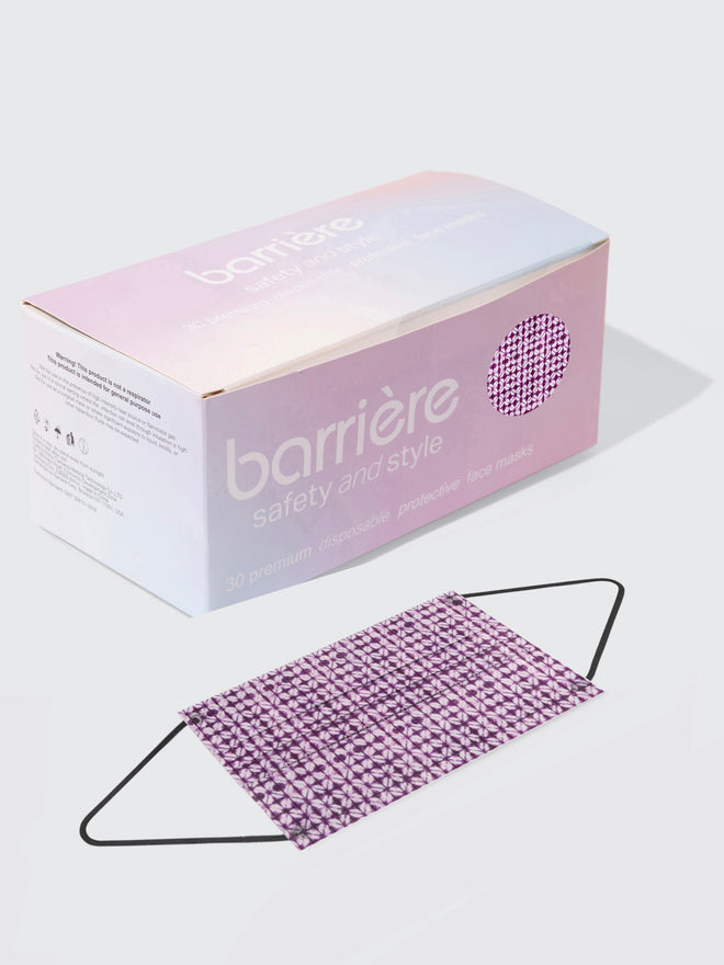 barriere unisex premium disposable medical masks in plum shibori print