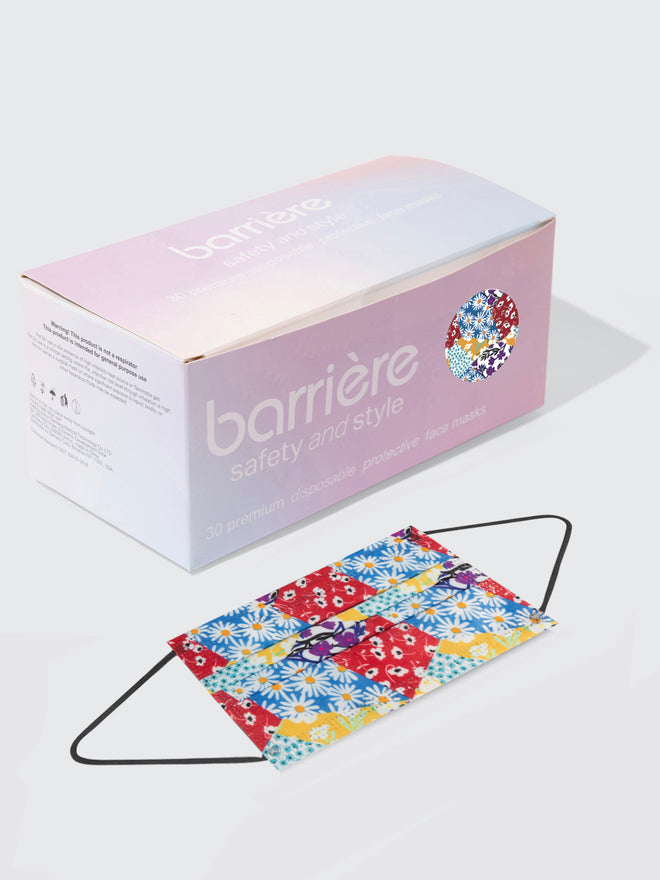 barrière 30 piece box of unisex disposable sustainable medical masks in multicolor floral collage print