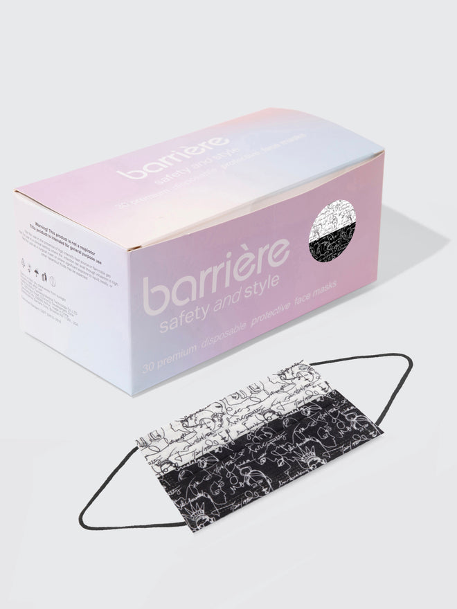 barrière unisex disposable medical mask 30 piece box in black and white sketch for International Women's Day