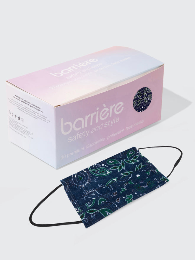 barriere kids' unisex disposable face mask 30 pack box in navy bandana print. sustainable and recycled