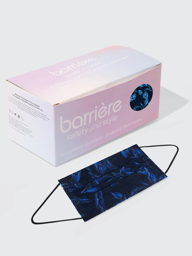 barriere kids' unisex disposable face mask 30 pack box in indigo iris floral print. Sustainable and recycled