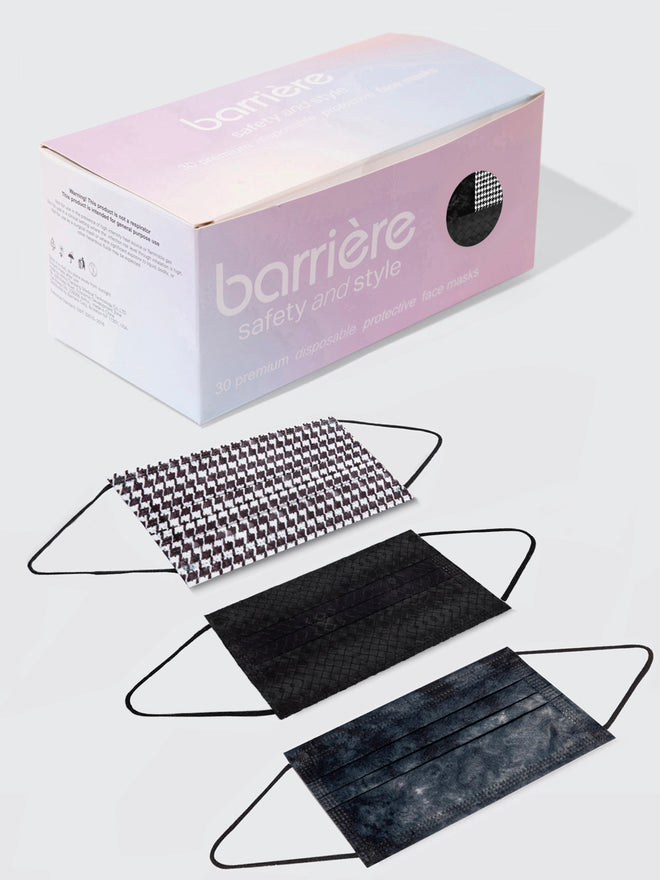 barriere kids' unisex disposable face mask 30 pack box in houndstooth, black basketweave and tie dye print. Sustainable and recycled